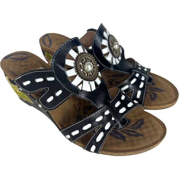 Elite by Corkys Scilly Leather Wedge Slide Sandals Black Floral Women's Size 11 - Picture 1 of 15